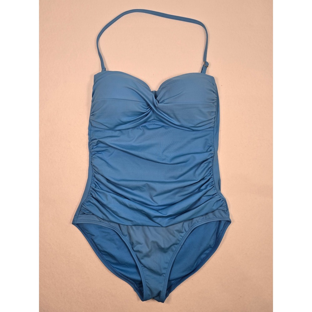 Anne Cole One Piece Swimsuit Womens 8 Blue Ruched Twist Front Halter *see photos